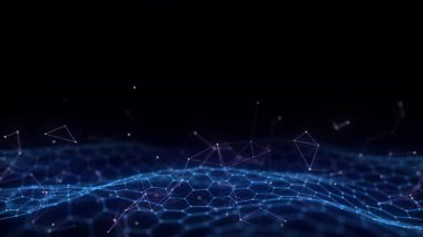Hareket noktaları ve çizgileri olan parlak mavi altıgen dalgası. Soyut dijital arkaplan. Bağlantı bilgilerini algıla. Fütürist teknoloji arkaplanı. 3B görüntüleme.
