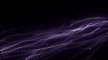 Üzerinde mor noktalar ve çizgiler olan soyut hareket eden DNA dalgası. Ağ bağlantı sistemi verisini kavra. Müzik arka planı. Genetik biyoteknoloji ve yapay zeka. 3B görüntüleme.