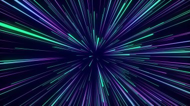 Gelecekteki hiperuzay yıldız seyahati. Soyut renkler ışık ışını hızında. Evrende patlama oldu. Hareketler sonsuzlukta. Warp sıçrama arkaplanı. Hiper hızlı havai fişek. Perspektif çizgileri. 3B görüntüleme.