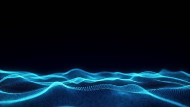 Hareket noktalarıyla parlayan mavi dalga. Soyut dijital arkaplan. Bağlantı bilgilerini algıla. Fütürist teknoloji arkaplanı. 3B görüntüleme.