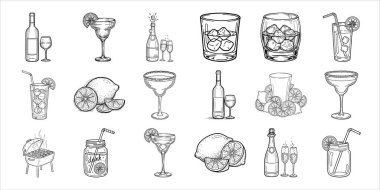 Çeşitli kokteyl bardakları ve şişe illüstrasyonları koleksiyonu