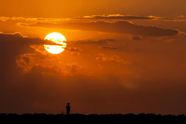 Чоловік несе свій велосипед на заході сонця — стокове фото