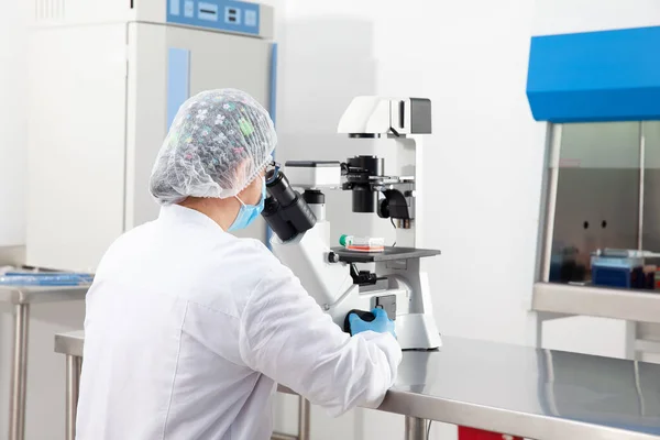 Young Female Scientist Looking Samples Microscope — Stock Photo, Image