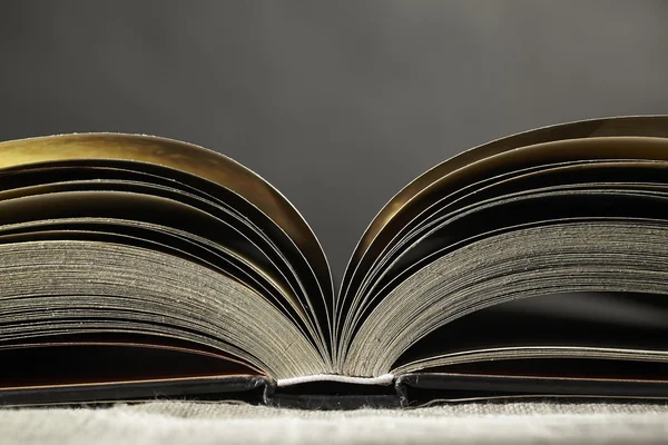 Macro photo of open book pages with cut paper texture against black background