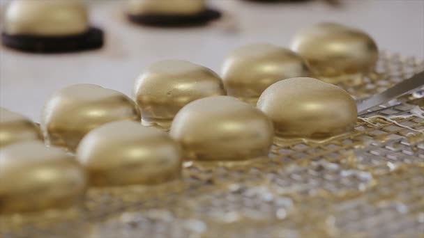 Chef neemt een van de partijen hartvormige taarten met goud kleur eetbare coating. Taarten voor Valentijnsdag. Klein particulier snoepgoed concept. — Stockvideo