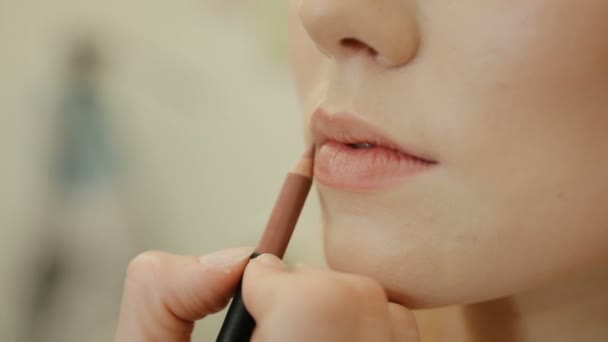 Vista Vicino Truccatore Professionista Che Applica Rossetto Sulle Labbra Del — Video Stock