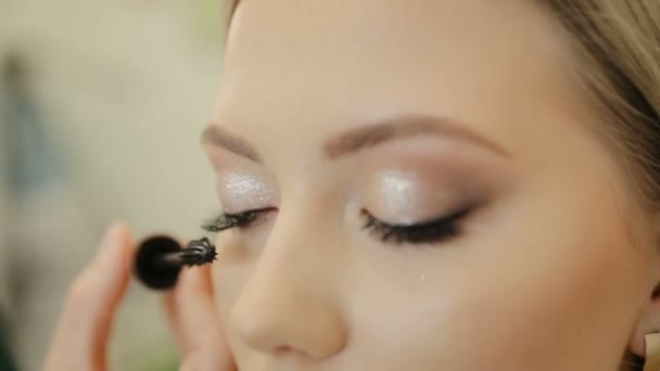 Maquillador Profesional Pinta Pestañas Párpado Superior Con Cepillo Para Pestañas — Vídeo de stock