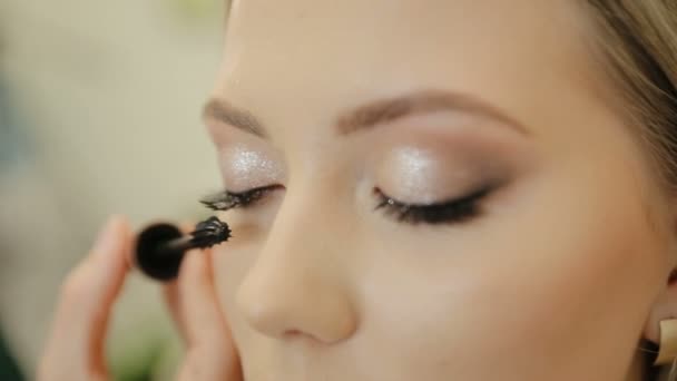 Närbild Bilder Professionell Makeup Artist Måla Ögon Och Tillämpa Mascara — Stockvideo
