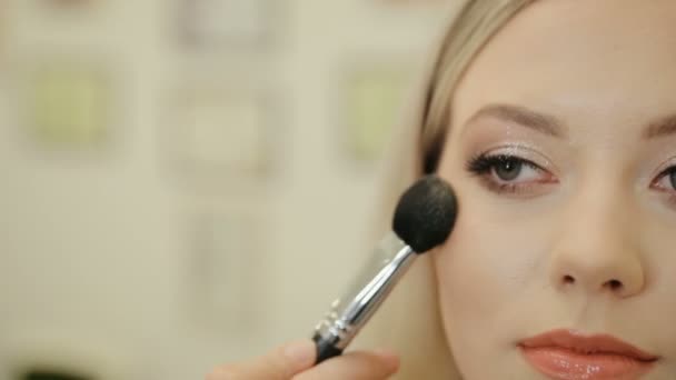 Makeup Artist Tillämpa Rouge Kinden Kvinna Professionell Make Artist Med — Stockvideo