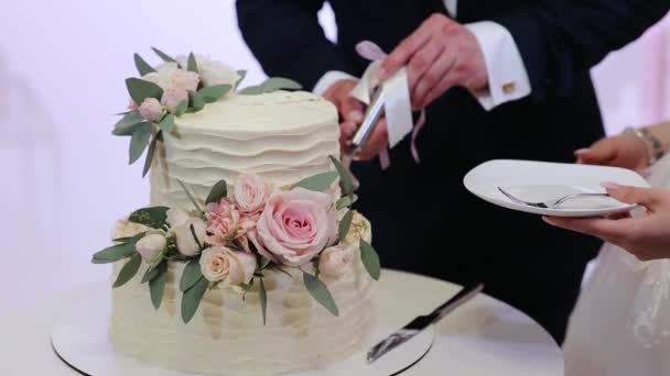 Gli sposi tagliano la torta nuziale. La coppia innamorata insieme taglia una torta dolce nuziale. Primo piano. Una sposa e uno sposo taglieranno la loro torta nuziale. Mani di sposa e sposo tagliano di una fetta di una torta nuziale. — Video Stock