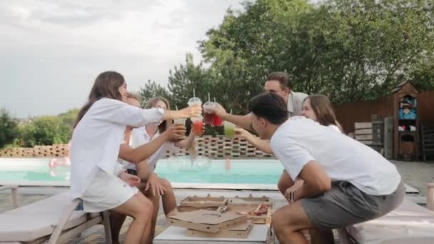 Small Company Gathered Together Poolside Eating Drinking Talking Joking Have — Video Stock