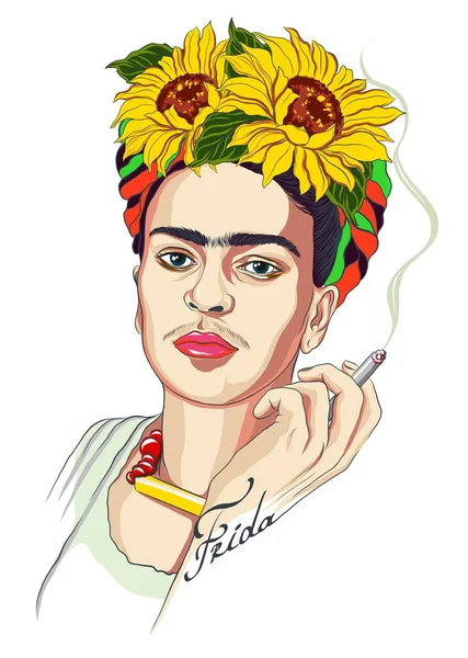Magdalena Carmen Frida Kahlo Portret Met Zonnebloem Krans — Stockvector