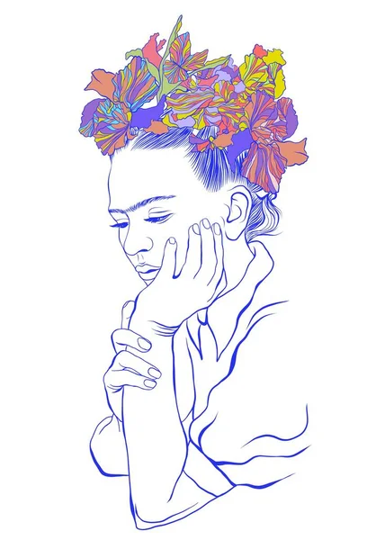 Retrato Para Colorear Triste Parece Pensativo Frida Kahlo Magdalena Carmen — Vector de stock