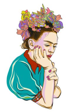 Çiçeklerin çelengiyle dalgın Frida Kahlo. Magdalena Carmen Frida Kahlo, Meksika 'nın doğası ve eserlerinden esinlenerek birçok portre, oto portre ve eser çizen Meksikalı bir sanatçıydı..