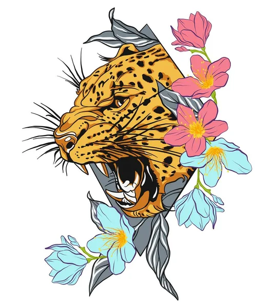 Tatuaje Jaguar Leopardo Con Flores Cara Jaguar Con Flores Tatuaje — Archivo Imágenes Vectoriales