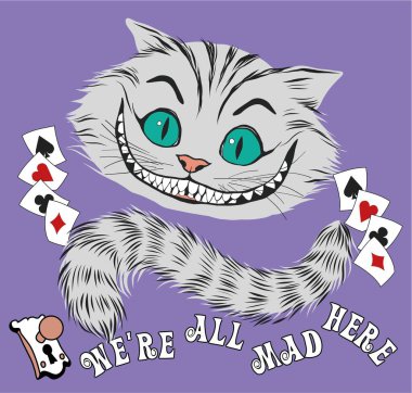 Cheshire kedisinin gülüşü. Hepimiz deliyiz. Alice Harikalar Diyarında masalı için bir cheshire kedisinin gülümsemesi.