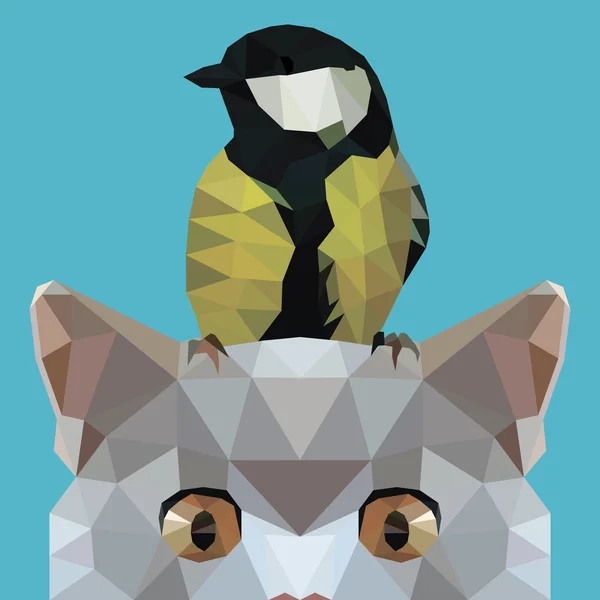 Polygon  Bird on a cat 's head — Stock Vector