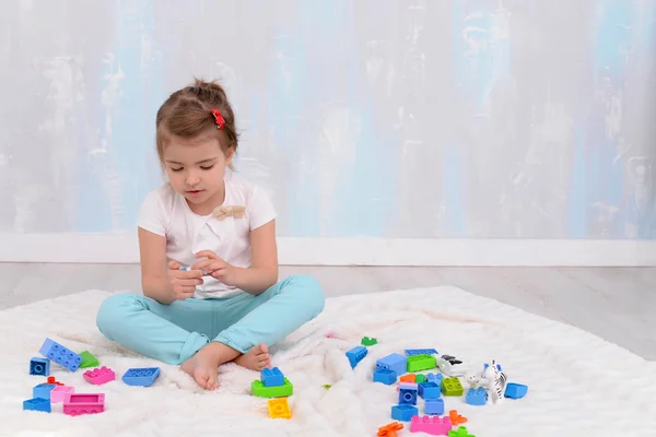 Child girl playing with toys and builds constructor. Blank space for text