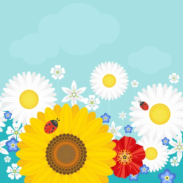 Літній фон з квітами і сонечками. Позитивна векторна ілюстрація — стоковий вектор