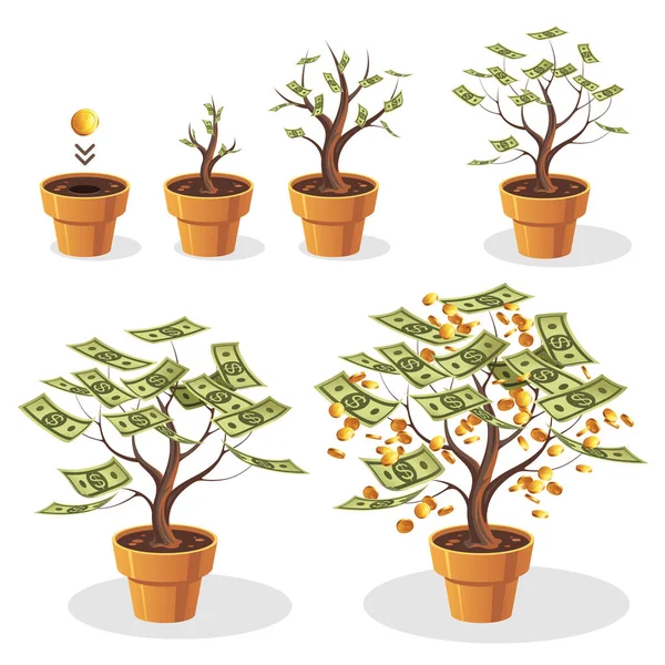 Invertir Negocios Crecimiento Ingresos Ahorro Aumento Dinero Cultivando Árbol Dinero — Vector de stock