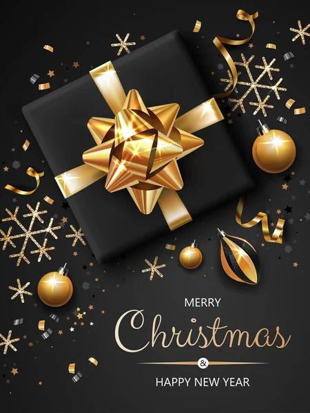 Altın ve gümüş Noel sembolleri ve yazısıyla dikey afiş. Noel dekoru, hediye, kurdele ve siyah arka plandaki diğer şenlik unsurları.