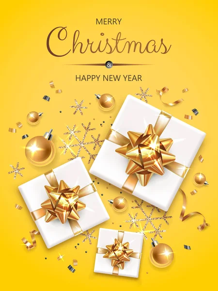 Altın Gümüş Noel Sembolleri Yazısıyla Dikey Afiş Noel Dekoru Hediye — Stok Vektör