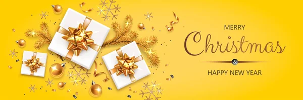 Üzerinde altın Noel sembolleri ve metin olan yatay bir pankart. Noel ağacı, hediyeler, yılan ve sarı arka planda kar taneleri..
