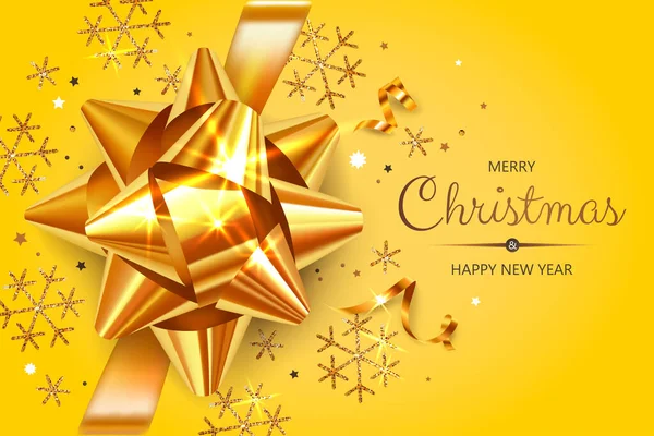 Üzerinde altın Noel sembolleri ve metin olan yatay bir pankart. Noel hediyesi, yay, yılan ve sarı arka planda kar taneleri..