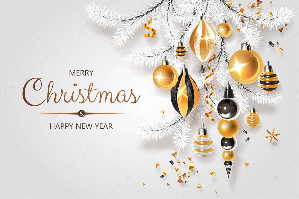 Banner with white Christmas tree and gold decor - balls, ribbons, confetti and other festive elements on light background.