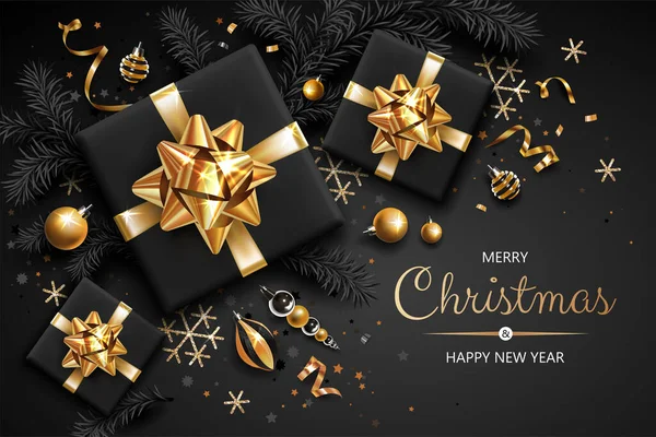 Üzerinde altın Noel sembolleri ve metin olan yatay bir pankart. Noel ağacı, hediyeler, toplar, kurdeleler ve siyah arka plandaki diğer şenlik unsurları.