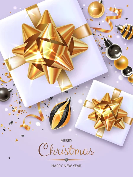 Altın ve gümüş Noel sembolleri ve yazısıyla dikey afiş. Noel baloları, hediyeler, kurdeleler ve ışık arka planında diğer neşeli unsurlar.