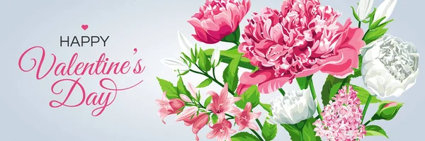 Valentijnsdag Wenskaart Template Horizontale Banner Met Roze Witte Bloemen Rozen — Stockvector