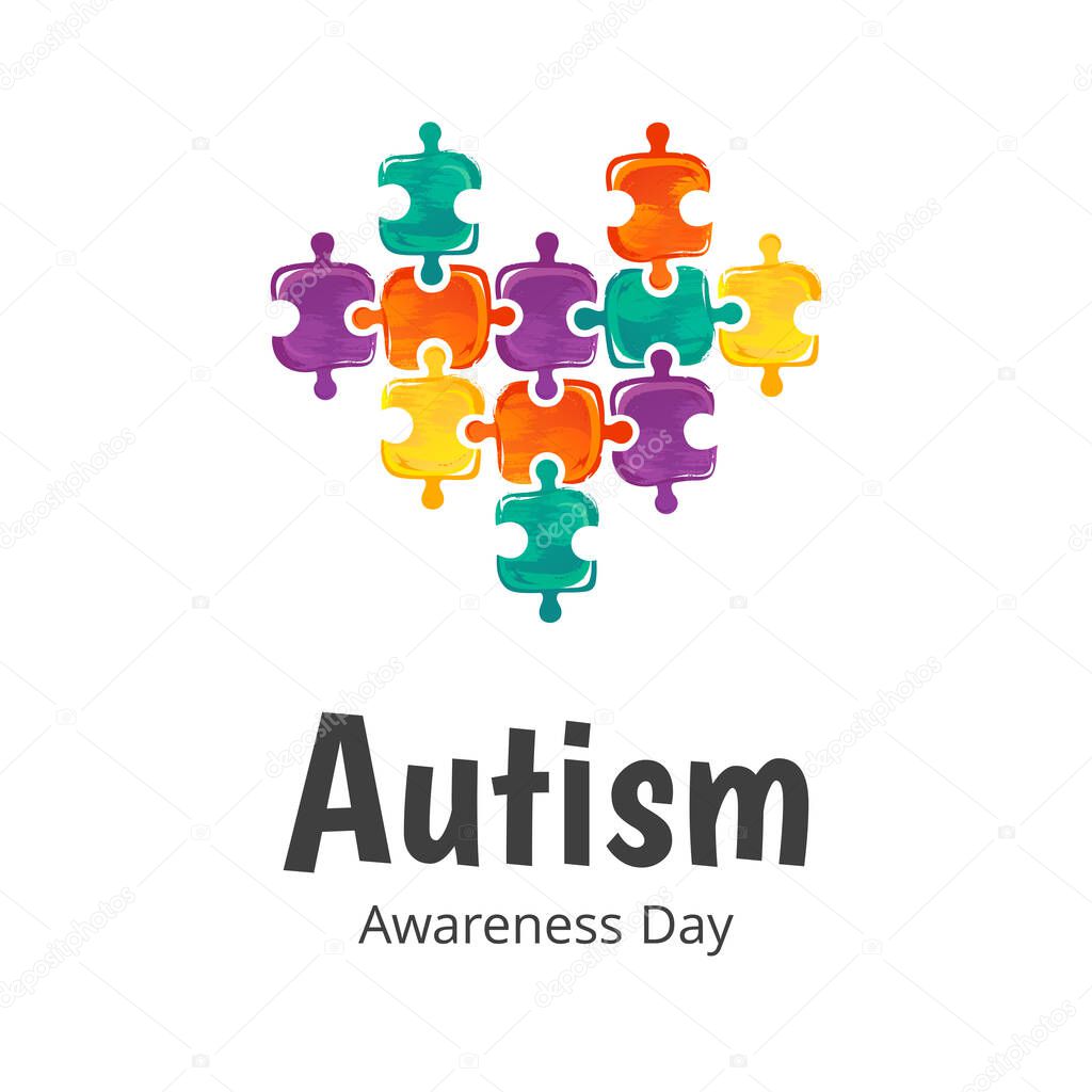 Banner for Autism Awareness Day. Illustration with heart isolated on white background. Puzzle composition.