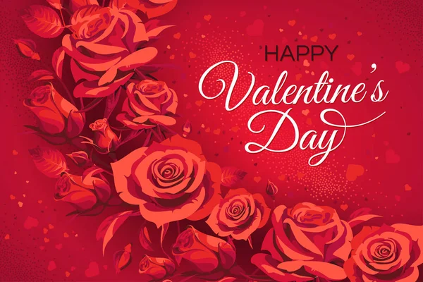 Yatay Sevgililer Günü tebrik kartı şablonu. Kırmızı arkaplanda kırmızı güller izole edilmiş çerçeve.