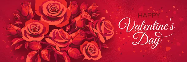 テキスト付きの水平バレンタインデーグリーティングカードテンプレート 赤の背景に赤いバラが孤立したイラスト — ストックベクタ