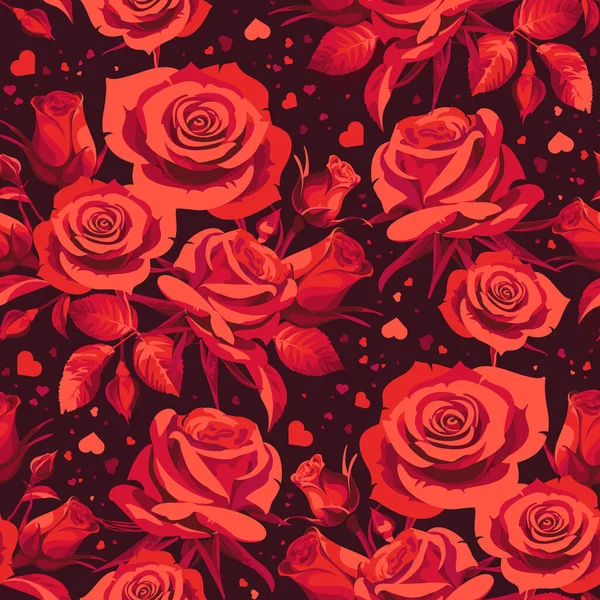 Çiçekli pürüzsüz desen. Kırmızı güller ve koyu arkaplanda kalpler. Sevgililer Günü şablonu. 