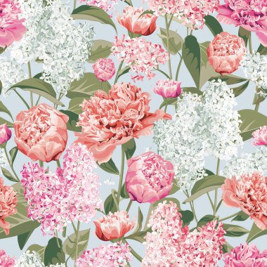 Bahar çiçekleri. Beyaz ve pembe eflatun, Peony ve Campanula arka planda. Kusursuz çiçek deseni.