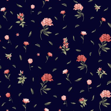 Siyah arka planda pembe ve beyaz şakayık desenli kusursuz çiçek deseni..