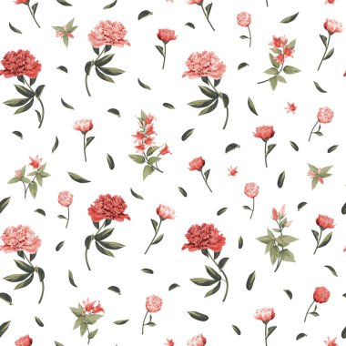 Beyaz arka planda mercan, kırmızı şakayık ve pembe Campanula desenli kusursuz çiçek deseni..