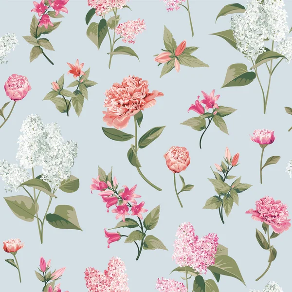 Bahar çiçekleri. Beyaz ve pembe eflatun, Peony ve Campanula arka planda. Kusursuz çiçek deseni.