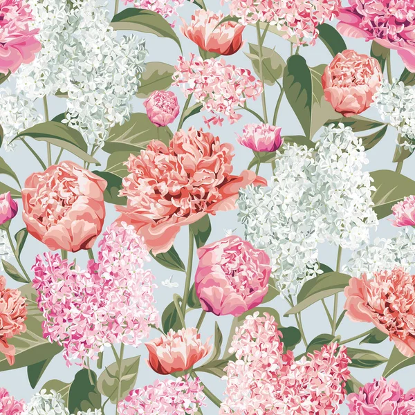 Bahar çiçekleri. Beyaz ve pembe eflatun, Peony ve Campanula arka planda. Kusursuz çiçek deseni.