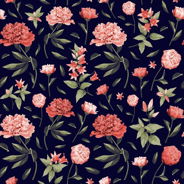 Nahtloses Blumenmuster Mit Rosa Und Weißen Pfingstrosen Auf Schwarzem Hintergrund — Stockvektor