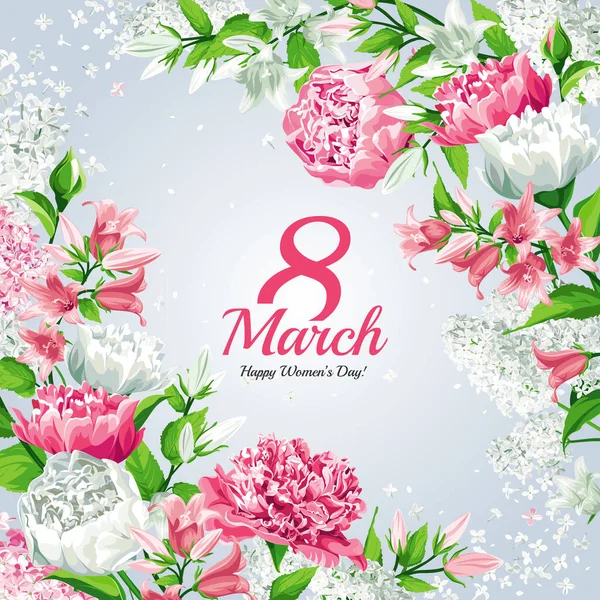 3月8日妇女日贺卡模板 水彩画风格与字体设计 有粉红和白花的框架 丁香和兰花 以浅色背景隔离 — 图库矢量图片