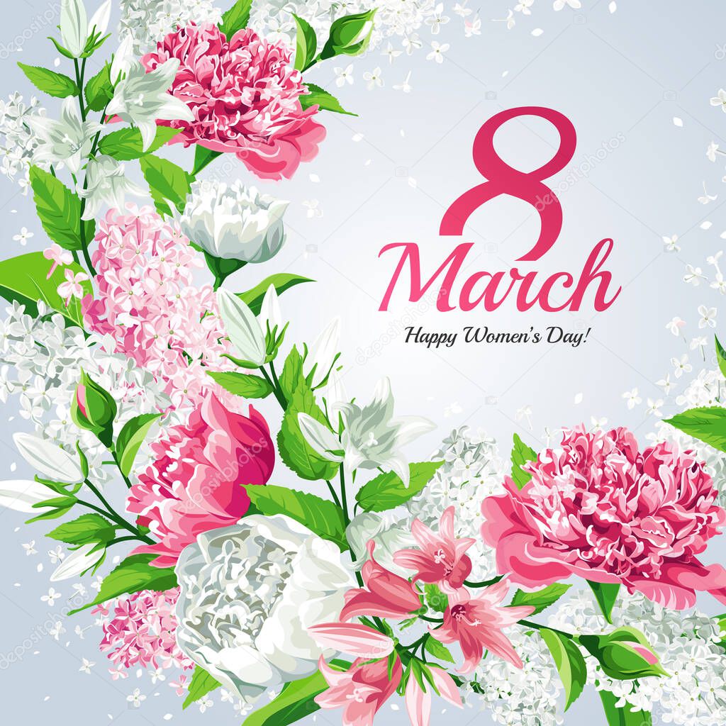 8 March Women's Day greeting card template. Watercolor style with lettering design. Frame with Pink and white flowers: Peonies, Lilacs and Campanulas, isolated on light background. 