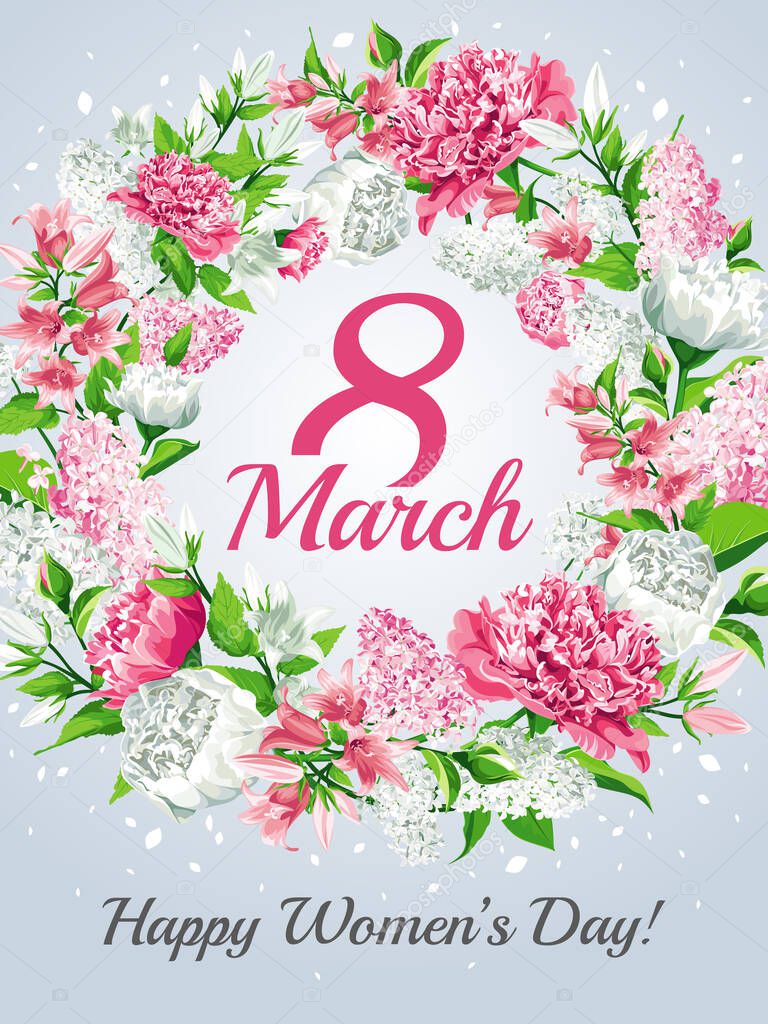 Vertical 8 March Women's Day greeting card template. Watercolor style with lettering design. Frame with Pink and white flowers: Peonies, Lilacs and Campanulas, isolated on light background. 