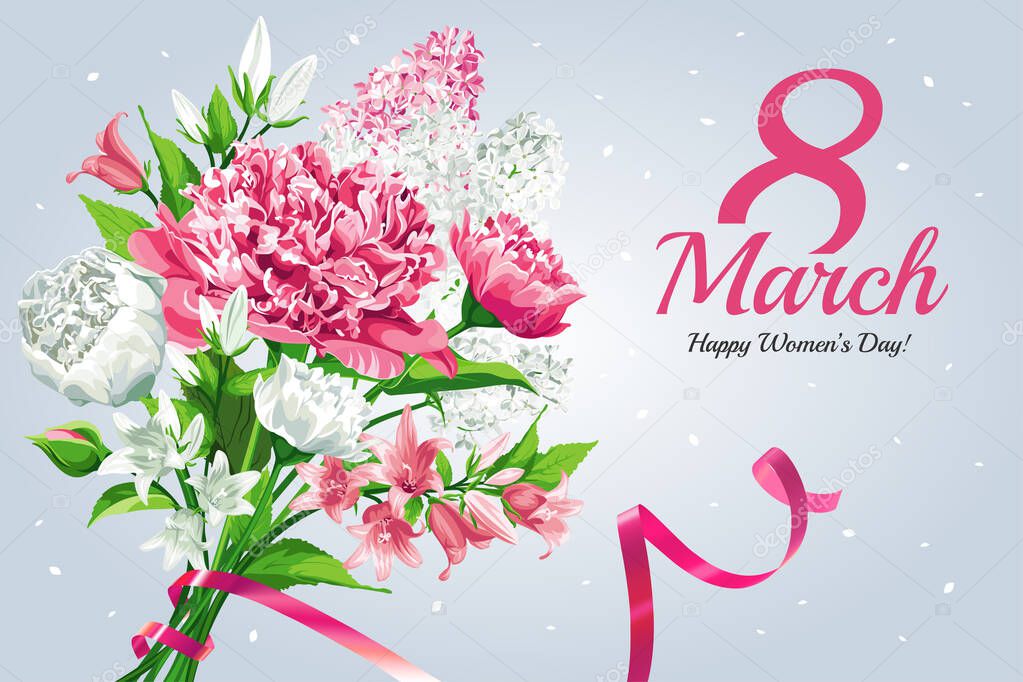 8 March Women's Day greeting card template. Watercolor style with lettering design. Pink and white flowers: Peonies, Lilacs and Campanulas, isolated on light background. 
