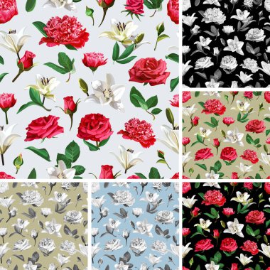 Kusursuz çiçek desenleri. Güller, Şakayıklar ve Lilium.