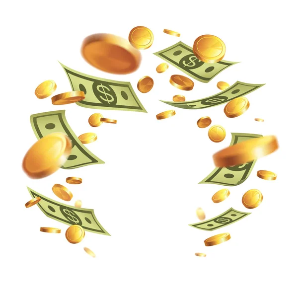 Paralı pankart, banknotlar ve beyaz arka planda izole edilmiş altın paralar. Yazı için yeri olan bir illüstrasyon. Çerçeve - banknotlar girdabı.