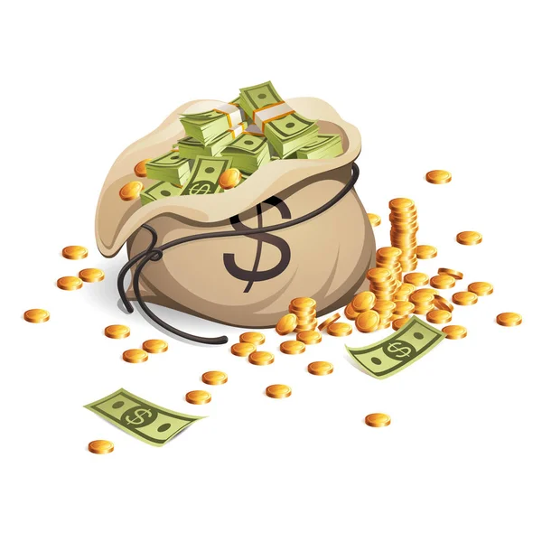 Bir çanta dolusu para ve bir yığın altın. Bir tomar banknot paketliyorum. Resimler beyaz arkaplanda izole edildi.