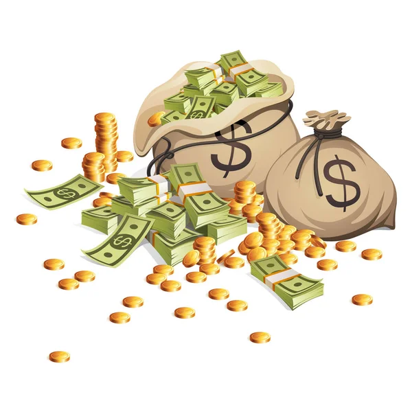 Çantalar dolusu para ve yığınla altın para. Bir tomar banknot paketliyorum. Resimler beyaz arkaplanda izole edildi.